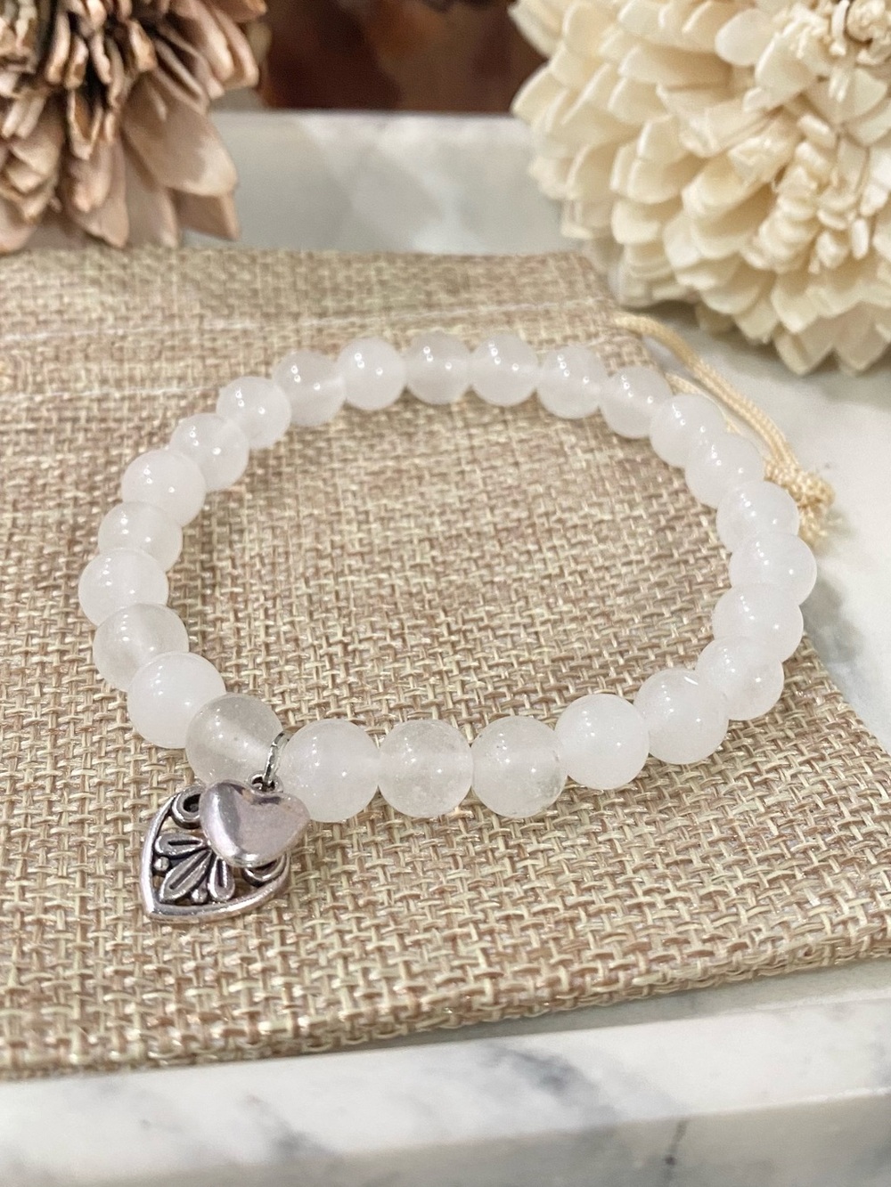 White Jade Beaded Stretch Bracelet with Heart Charms